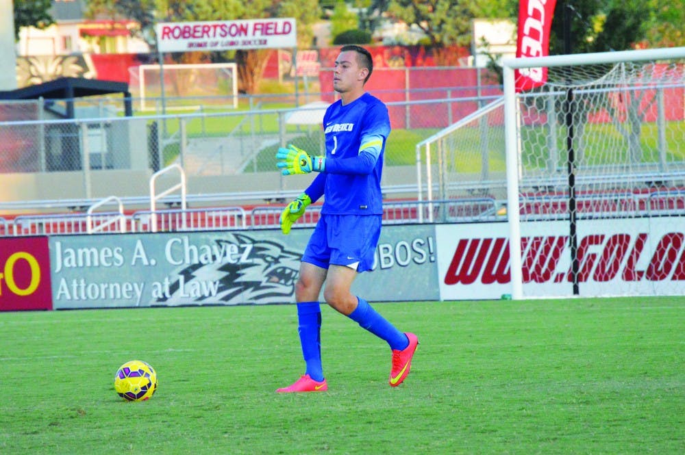 Jason Beaulieu sets the ball for a goal kick during the Lobo exhibition against Grand Canyon on Aug. 19, 2015. Beaulieu has emerged as one of the Lobos’ top starting players.