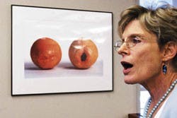 Janet Blair, spokeswoman for Bernalillo County Metropolitan Court , talks about the impact of one the pieces in the exhibit "Judicial Notice." The piece, Christine Chin's "Vegetable Human Hybrids," is one of the works from UNM that will be displayed in th