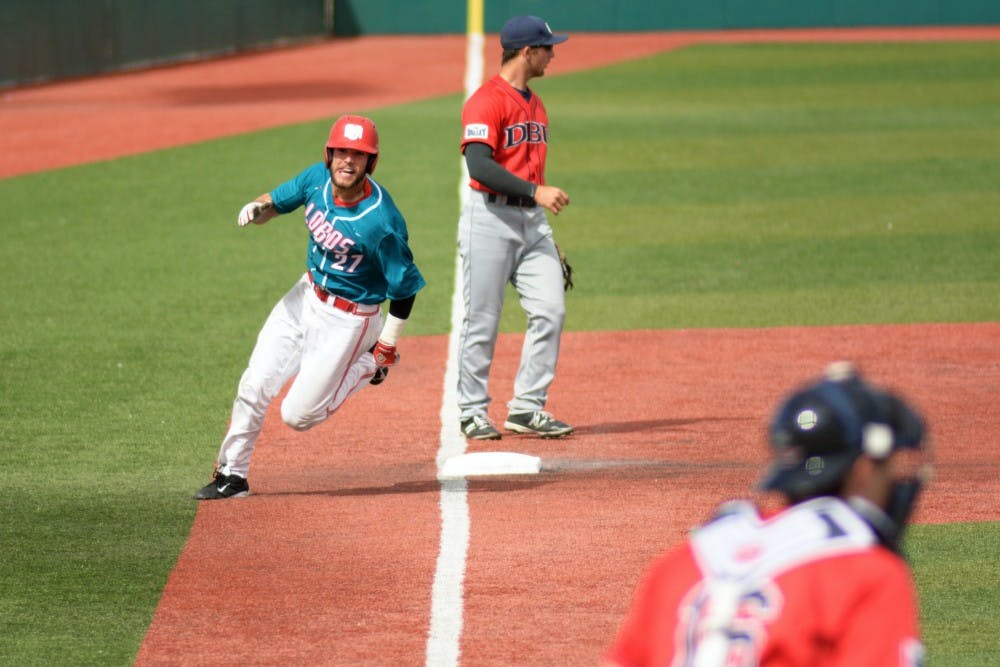 Sophomore Luis Gonzalez rounds third base on his way to home plate Sunday, March 6, 2016 at Santa Ana Star Field. The Lobos will play Nevada this upcoming weekend in Reno.&nbsp;