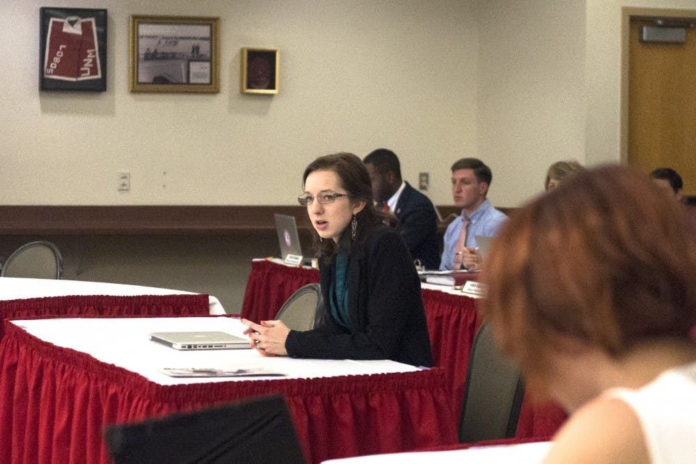 President of ASUNM Rachel Williams gives a speech during the Senate and Committee meeting at the SUB on Wednesday. ASUNM passed Resolution 1S declaring their support of Black History Month.