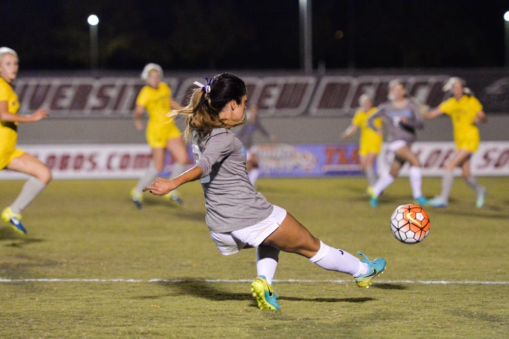 Sophomore midfielder Jennifer Munoz launches the ball towards the Wyoming goalkeeper at the UNM Soccer Complex on Friday, Oct. 21, 2016. The Lobos lost to the Cowgirls 3-0 but beat Colorado State the following Sunday 1-0.