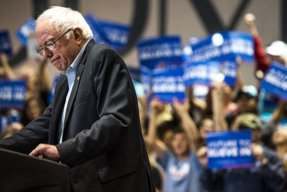Presidentail candidate Bernie Sanders speaks to rally attendees Friday May 20, 2016 at the Albuquerque Convention Center. Sanders was welcomed by nearly 7,000 supporters Friday night.&nbsp;