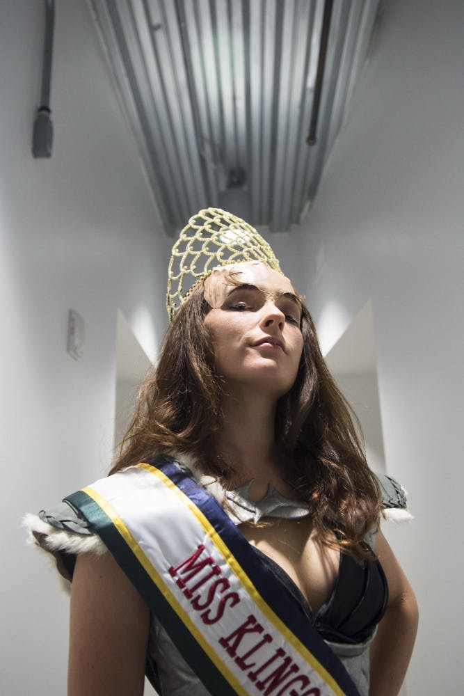 	Miss Klingon Empire winner Cree Myers shows off her crown on Saturday. Myers competed as Bang’jaQ in this year’s 15th Annual Miss Klingon Empire Beauty Pageant in Atlanta, Georgia.