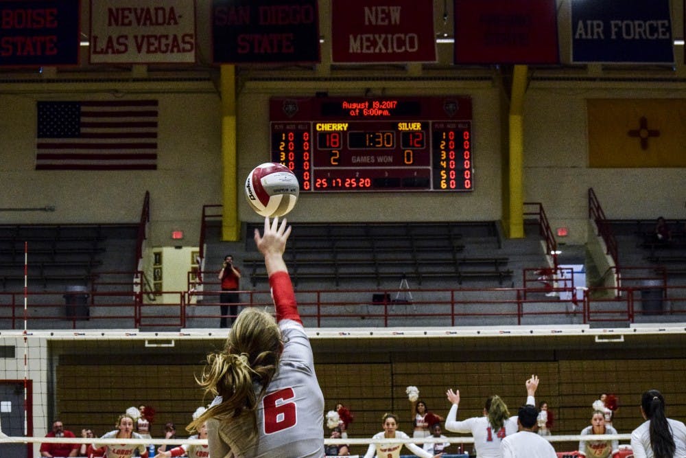 Freshman defensive player Kayla Long serves the ball during the Cherry vs. Silver game on Aug. 18, 2017, at Johnson Gym. The Silver team took all three sets. 