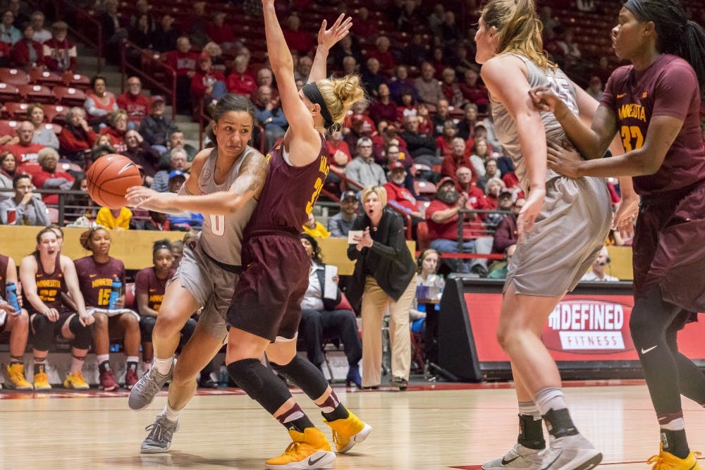 Junior guard Cherise Beynon drives past a Minnesota player Tuesday, Dec. 6, 2016 at WisePies Arena. The Lobos played against UTEP this Sunday and won 79-66.&nbsp;