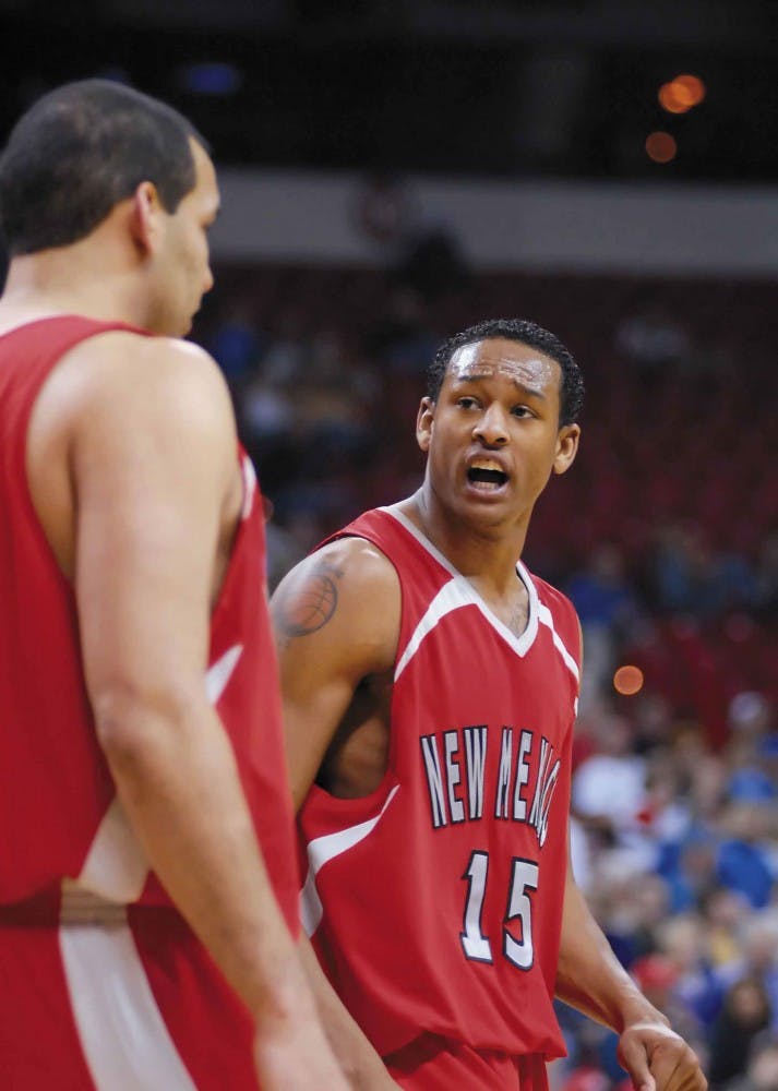 Guard J.R. Giddens argues with forward Aaron Johnson about a play during the last minutes of Tuesday's 62-54 loss to Texas Christian in the play-in game of the Mountain West Conference Tournament in Las Vegas. 