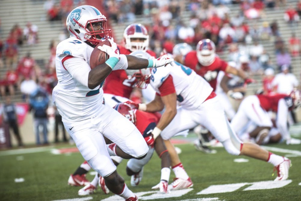 New Mexico running back Crusoe Gongbay charges down the field on Sept. 26 during the Fresno State game. Gongbay suffered a severe foot injury against UTSA and might be out for the rest of the season.