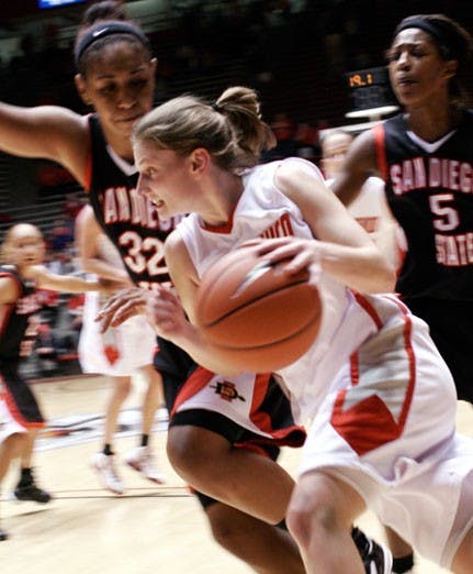 Amy Beggin navigates out of a trap by San Diego State on Wednesday at The Pit. Beggin logged her fifth 40-minute game of the season. Head coach Don Flanagan said the Lobos need somebody to "step up" and take some pressure off the point guard