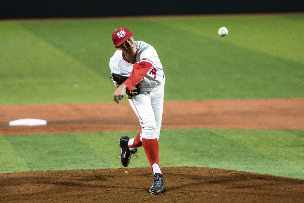 Junior pitcher Carson Schnieder pitches against Dallas Baptist March, 4, 2016 at Santa Ana Star Field. 