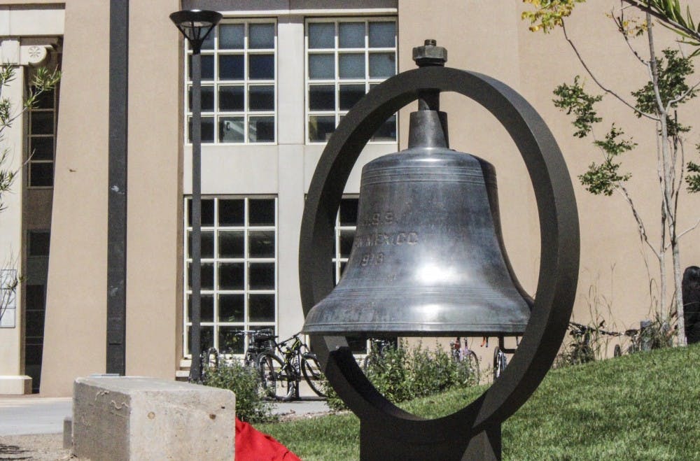The USS New Mexico bell in front of Zimmerman Library after its rededication ceremony on Thursday, Sep 13. The bell is one of two that were aboard the ship. The bell would sound alarms or be used to bury at sea those killed in action by the kamikaze attacks.