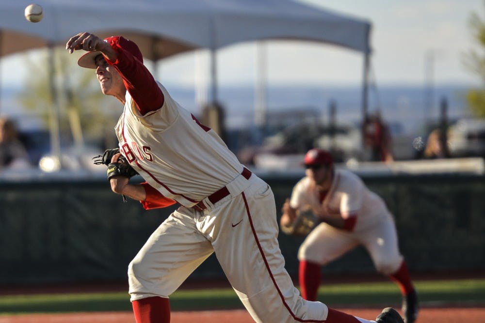 Junior Carson Shnieder pitches against a UNLV batter Friday April 1, 2016 at Santa Ana Star Field. The Lobos won 3-2&nbsp;against NMSU on&nbsp;Tuesday night in Roswell, New Mexico.&nbsp;
