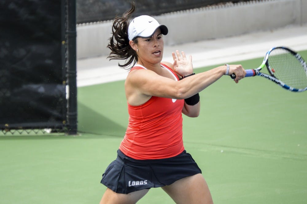 Redshirt junior Andrea Leblanc returns a hit to a Air Force player Saturday afternoon at the McKinnon Family Tennis Stadium.