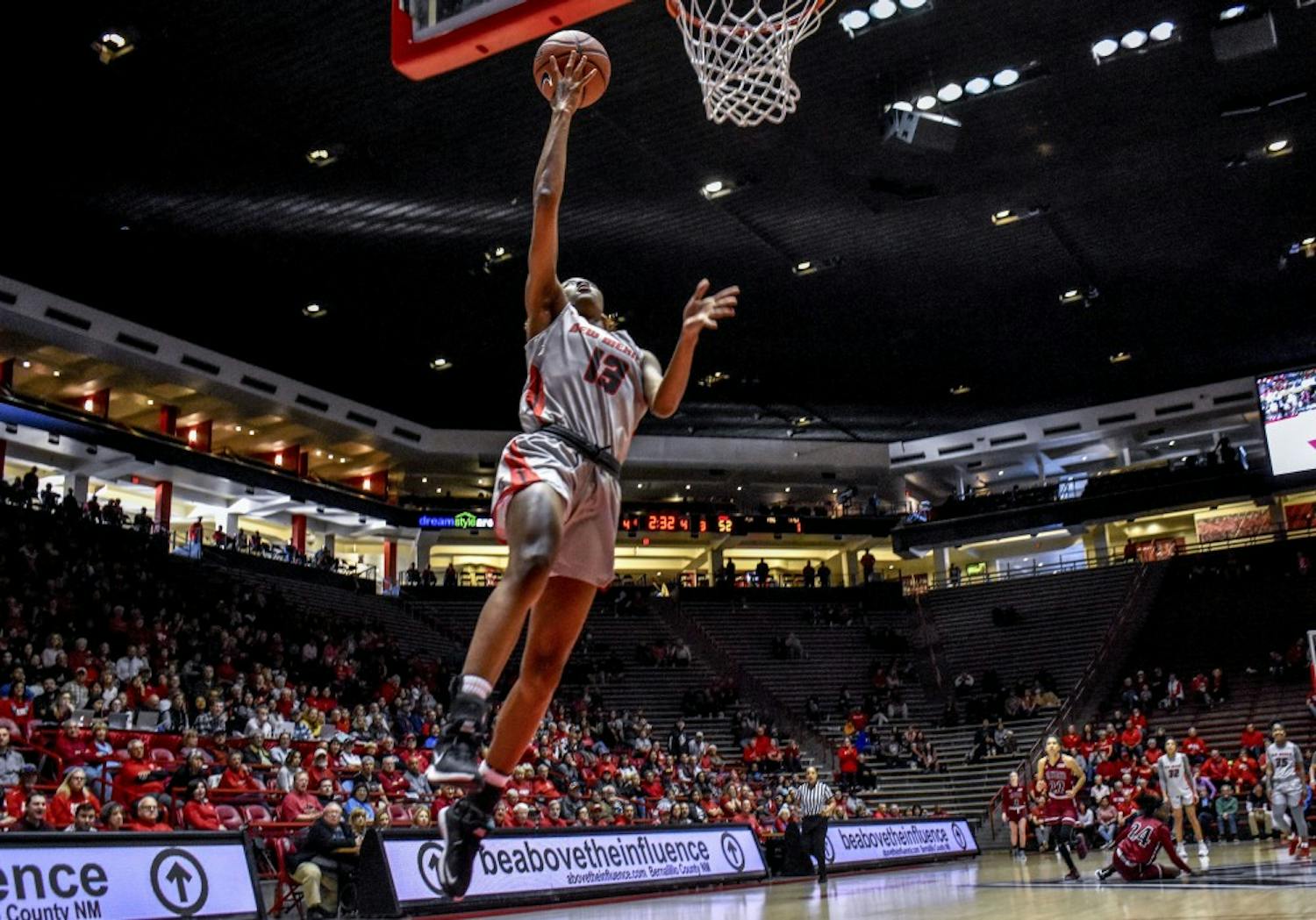 Shaiquel McGruder scores on a fast break for the University of New Mexico on Saturday, Dec. 1.