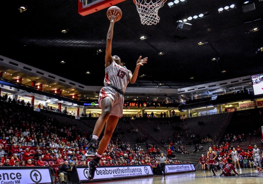 Shaiquel McGruder scores on a fast break for the University of New Mexico on Saturday, Dec. 1.