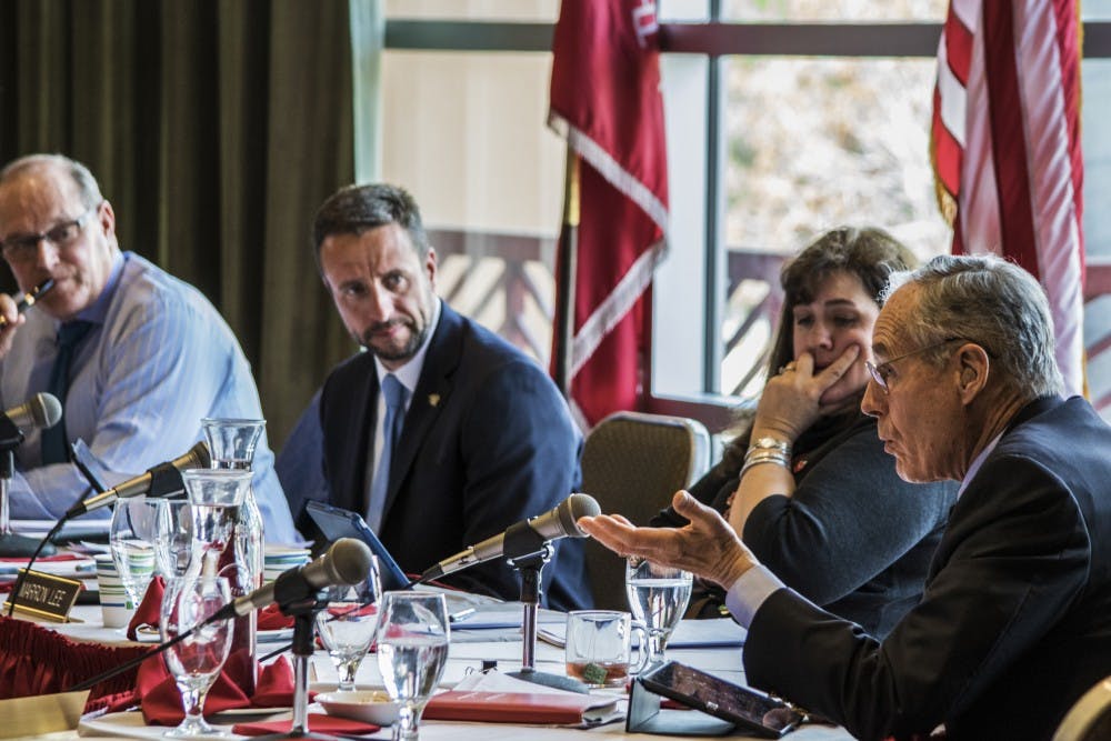 Regent Bradley C. Hosmer speaks to attendees of the Tuesday afternoon regent meeting that was held in the SUB Ballroom. The Tuesday meeting mentioned a 2.5% increase in tuition along with a tuition decrease for medical students.