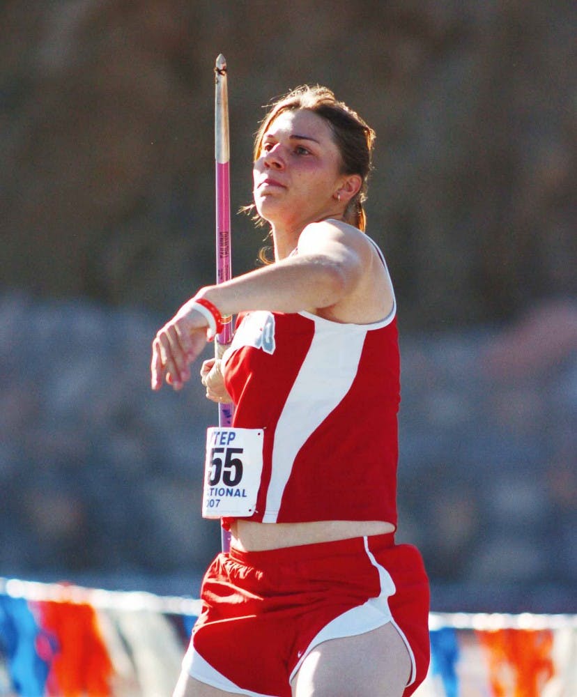 Katie Coronado throws a javelin during the UTEP Invitational in El Paso on Saturday. Coronado broke UNM's record and finished second overall. 