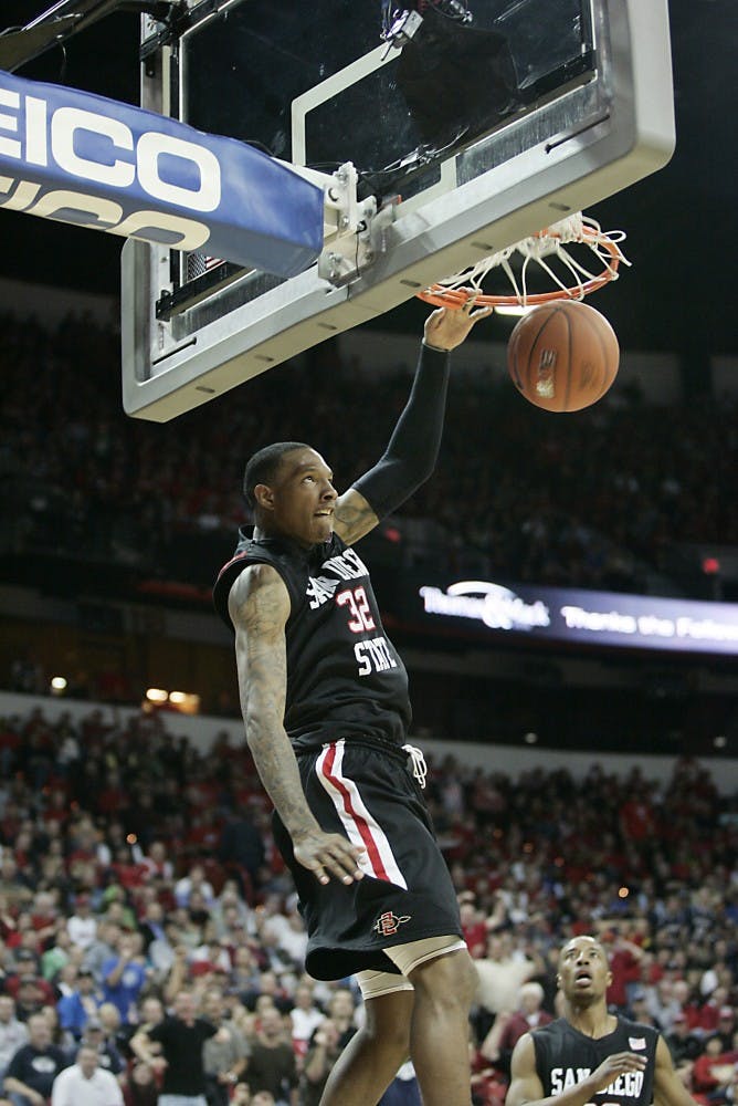	Aztec forward Billy White throws down a vicious slam in transition. White had 28 points and gave the Lobos fits in the paint