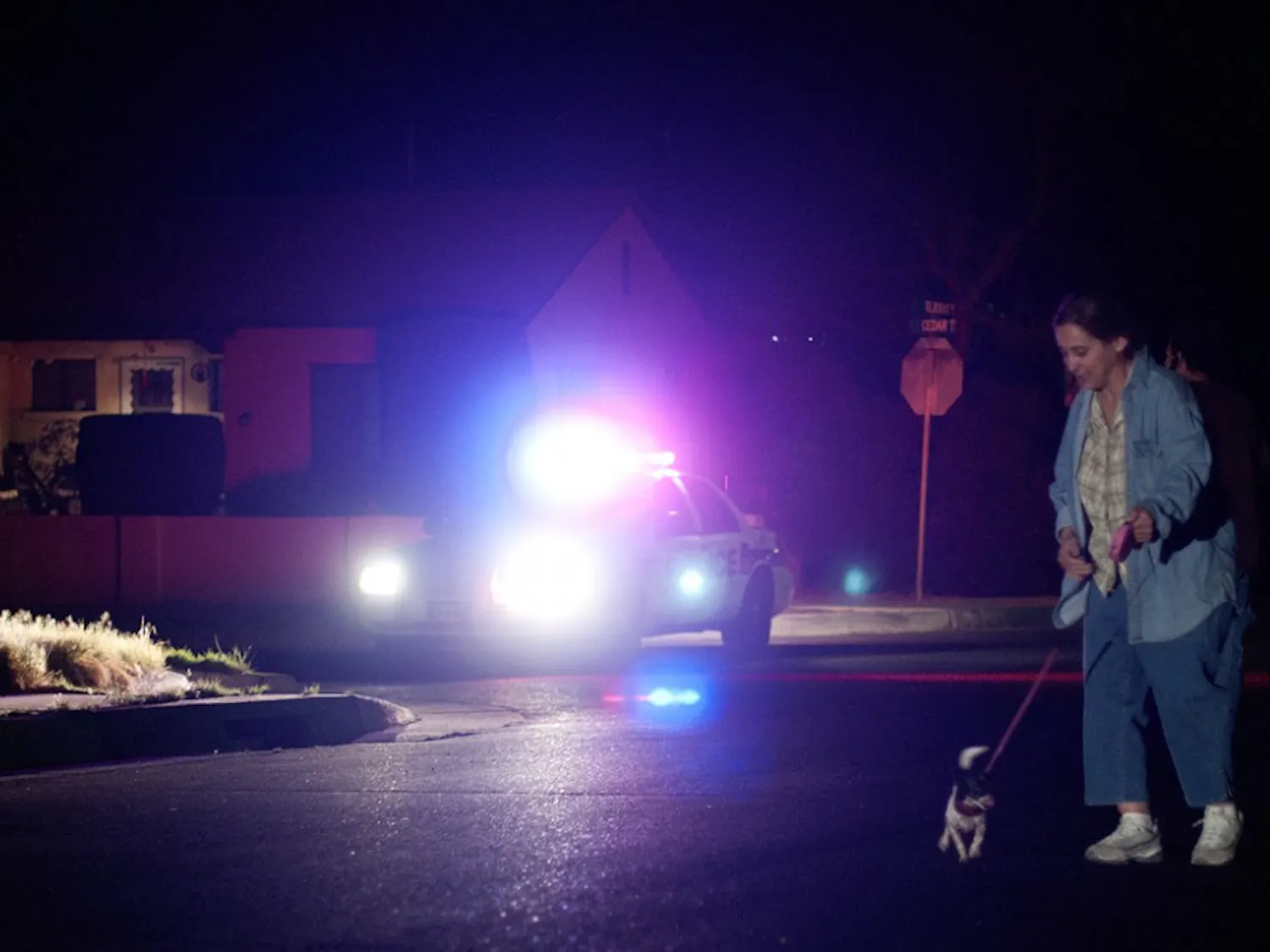Trish Montoya walks her dog Isabeau as police investigate an alleged homicide that occured in an alleyway off of Tijeras and Cedar Street NE. Montoya lives across the street from where the alleged homicide occured. “I think this was more of a random act of violence,” Montoya said, “I don’t feel like I have a reason to feel any less safe.”