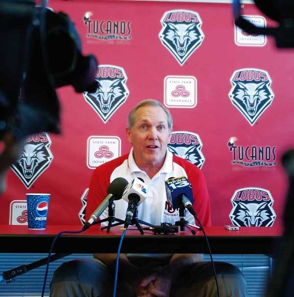 UNM head football coach Rocky Long answers questions during a news conference Tuesday in the Tow Diehm Athletics Center. 
