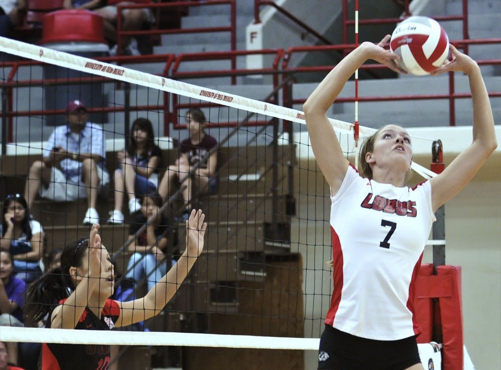 	UNM’s Jade Michaelsen receives a pass during the Lobos 3-0 sweep of UNLV on Saturday at Johnson Center. The Lobos improve to 2-1 in Mountain West Conference play.