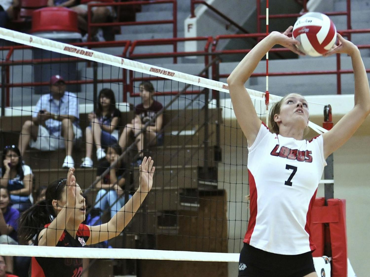 	UNM’s Jade Michaelsen receives a pass during the Lobos 3-0 sweep of UNLV on Saturday at Johnson Center. The Lobos improve to 2-1 in Mountain West Conference play.