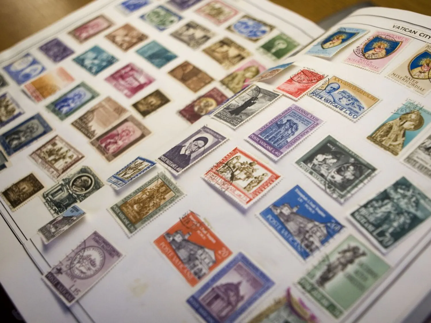Stamps belonging to collector Don Swartz are displayed, most of which come from Vatican City. Swartz said he has stamps ranging from price from 50 cents to $1,800 per stamp.