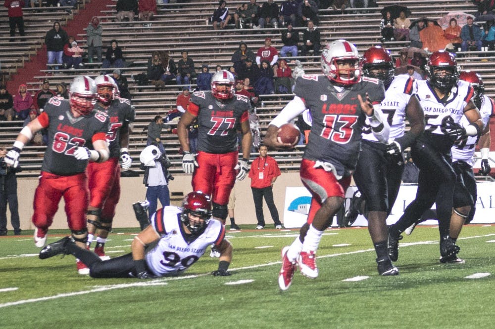 New Mexico quarterback Lamar Jordan breaks away during the game against San Diego State on Oct. 10. The Lobos’ offense has shown improvement this season but the defense is still an area of concern.
