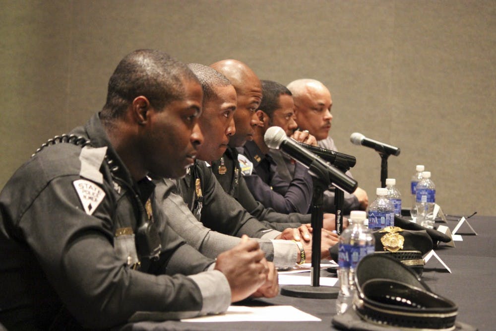 New Mexico State Police officers speak at the Know Your Rights Panel on Thursday evening at the SUB. The event was hosted by the Black Student Union, as a part of an initiative to help bring awareness to citizens about their rights when dealing with police officials.