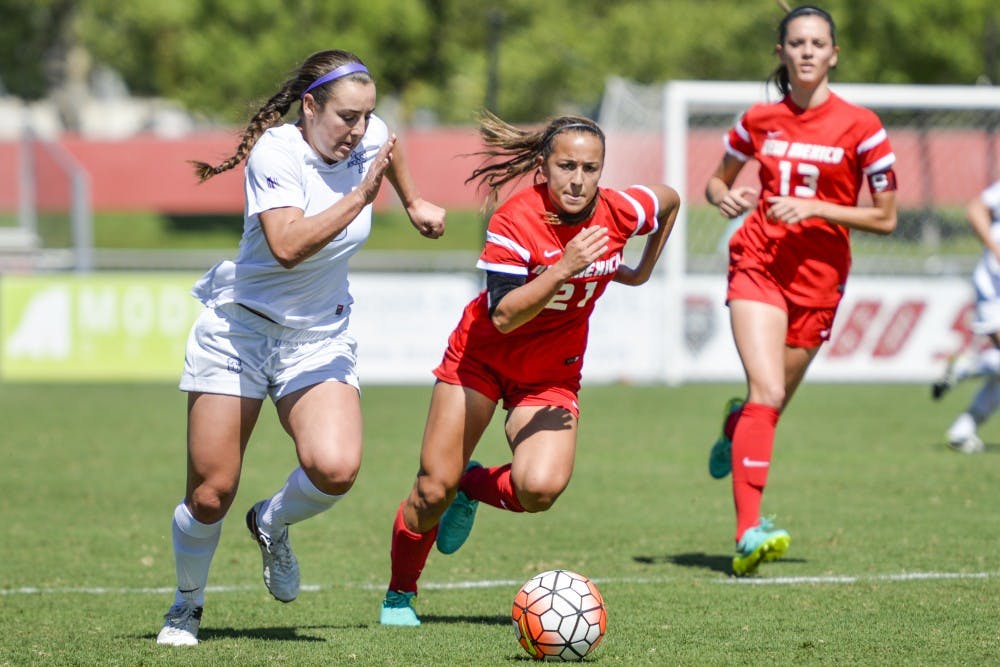 Junior defender Alex Cabrales pursues the ball while playing against Air Force Sunday, Sept. 25, 2016 at the UNM Soccer Complex. The Lobos tied Boise State this past weekend 0-0.&nbsp;