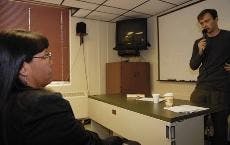 Author Steve Hendricks answers audience member Eva Gardipe's question about his book The Unquiet Grave after his lecture in Mesa Vista Hall on Tuesday.  