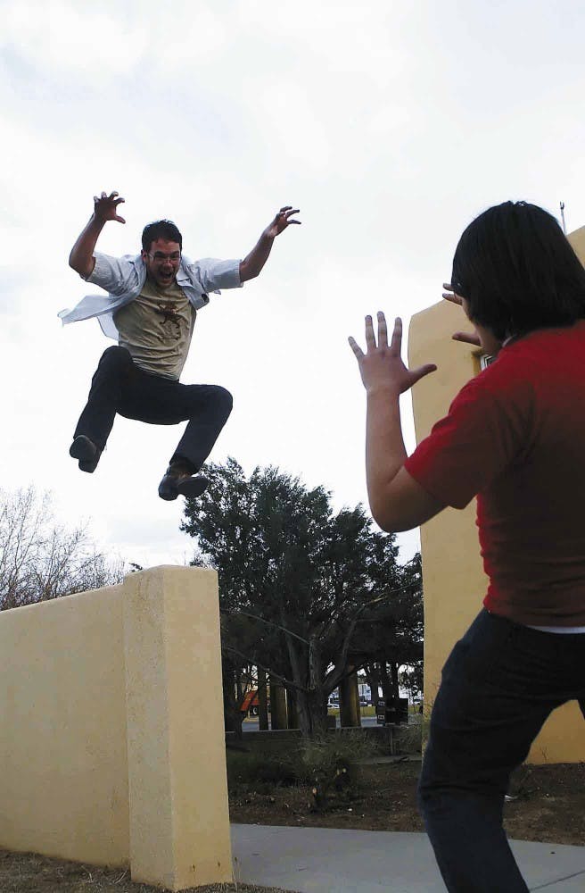 After watching "The Protector," Joe Buffaloe performs a flying crane on Damian Garde.