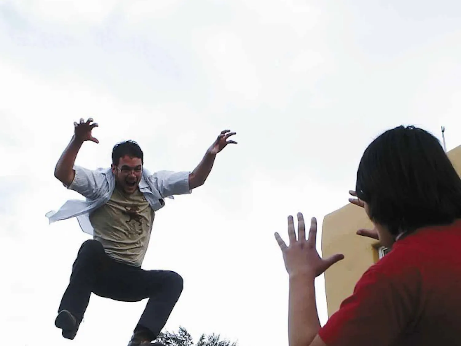 After watching "The Protector," Joe Buffaloe performs a flying crane on Damian Garde.
