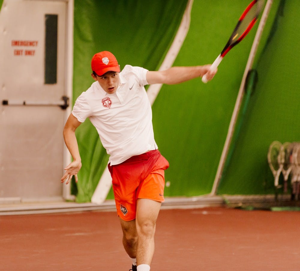 Ricky Hernadez-Tong plays a ball crosscourt  in singles against NMSU on Feb 25th