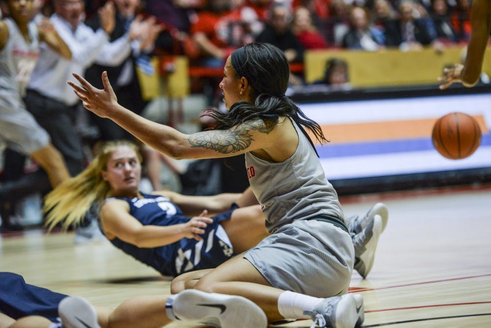 Junior guard Cherise Beynon reacts to a call made during the Lobos game against Utah State Wednesday, Jan. 4, 2017 at WisePies Arena.&nbsp;