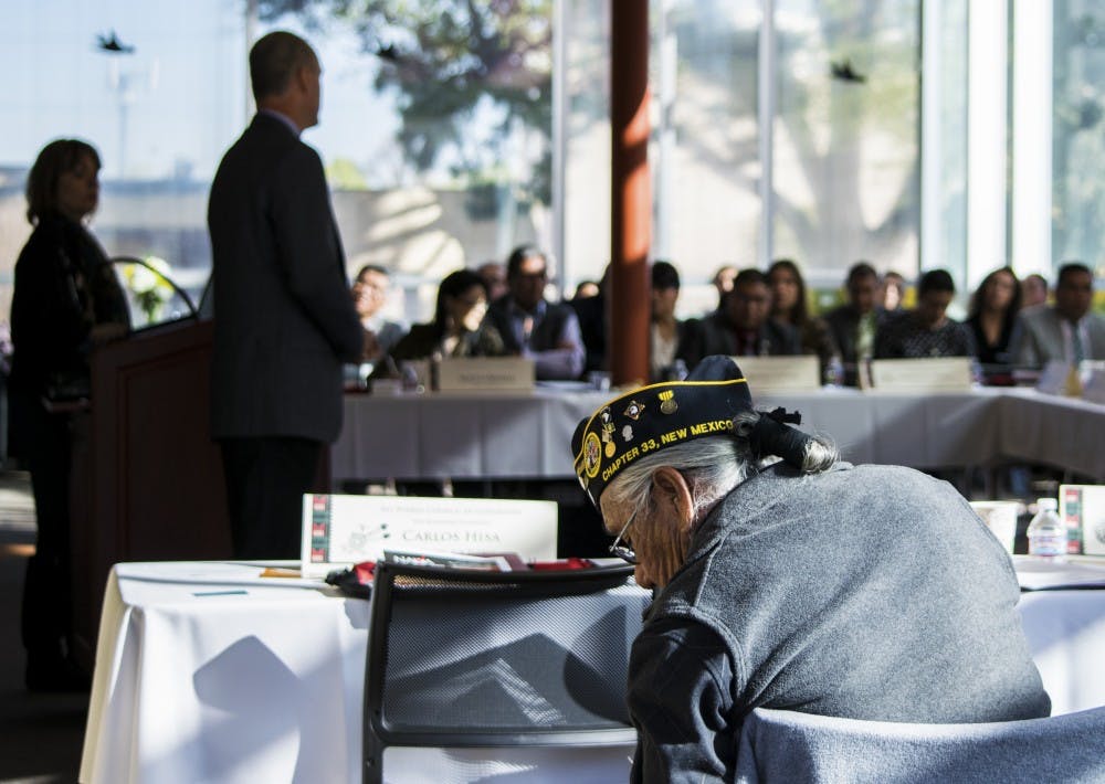 Veteran Avelino Calabaza listens to presenters last Thursday during the All Pueblo Council of Governors.  This meeting was hosted by Anderson School of Management in an attempt to begin a discussion on education opportunities for the Pueblo nations.