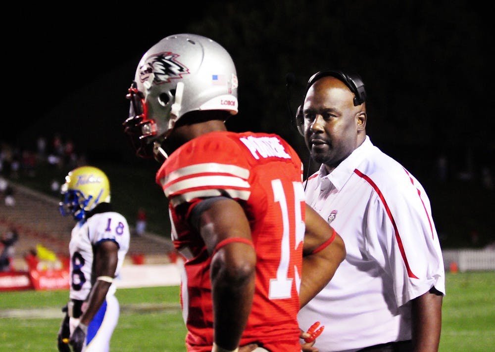 	Head coach Mike Locksley talks to quarterback Donovan Porterie in this file photo. Porterie will get his third start on Saturday against NMSU.