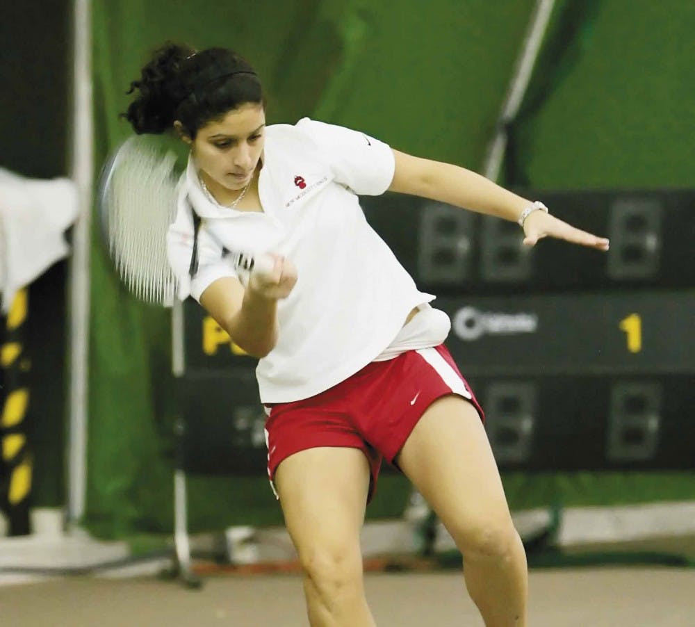 Junior Ola Abou-Zekry hits a forehand during practice at the UNM Tennis Complex on Thursday.  