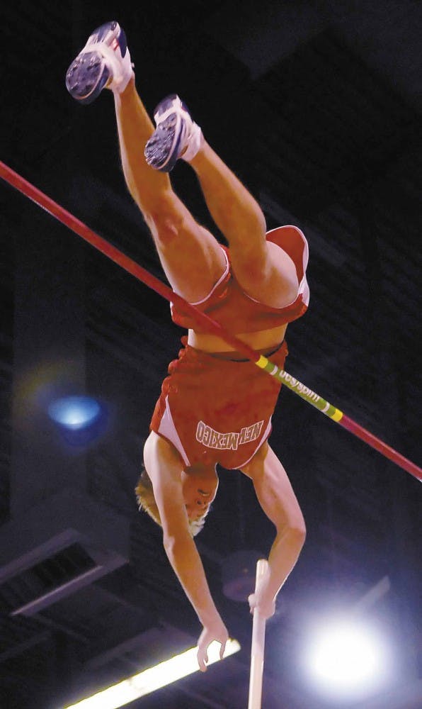 Pole-vaulter Matt Hull clears the bar at a height of 4.77 meters to finish sixth during the Mountain West Conference Indoor Track and Field Championships on Saturday at the Albuquerque Convention Center.  