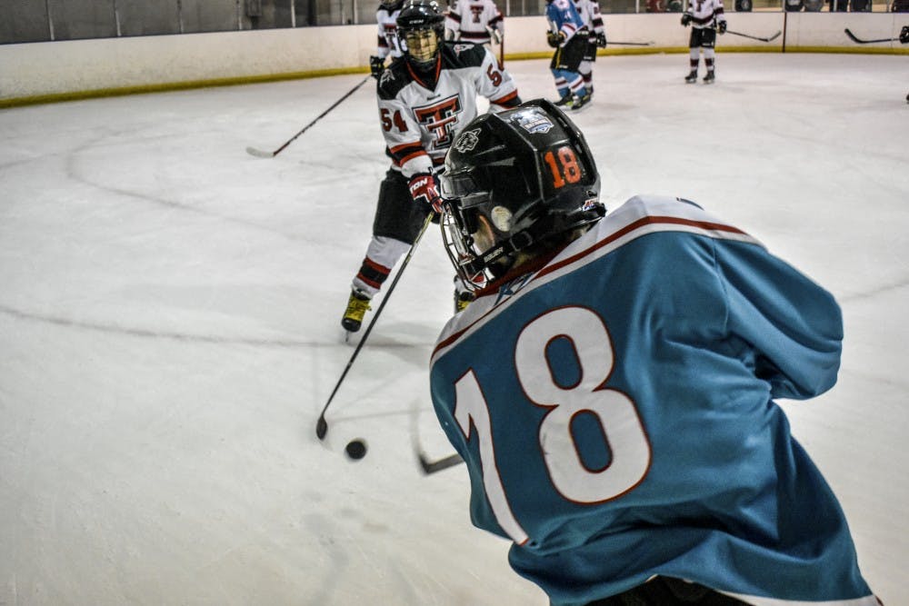 The University of New Mexico Lobo Men's Hockey Team squares up with the Texas Tech University Men's Hockey Team on 10/13/2018.