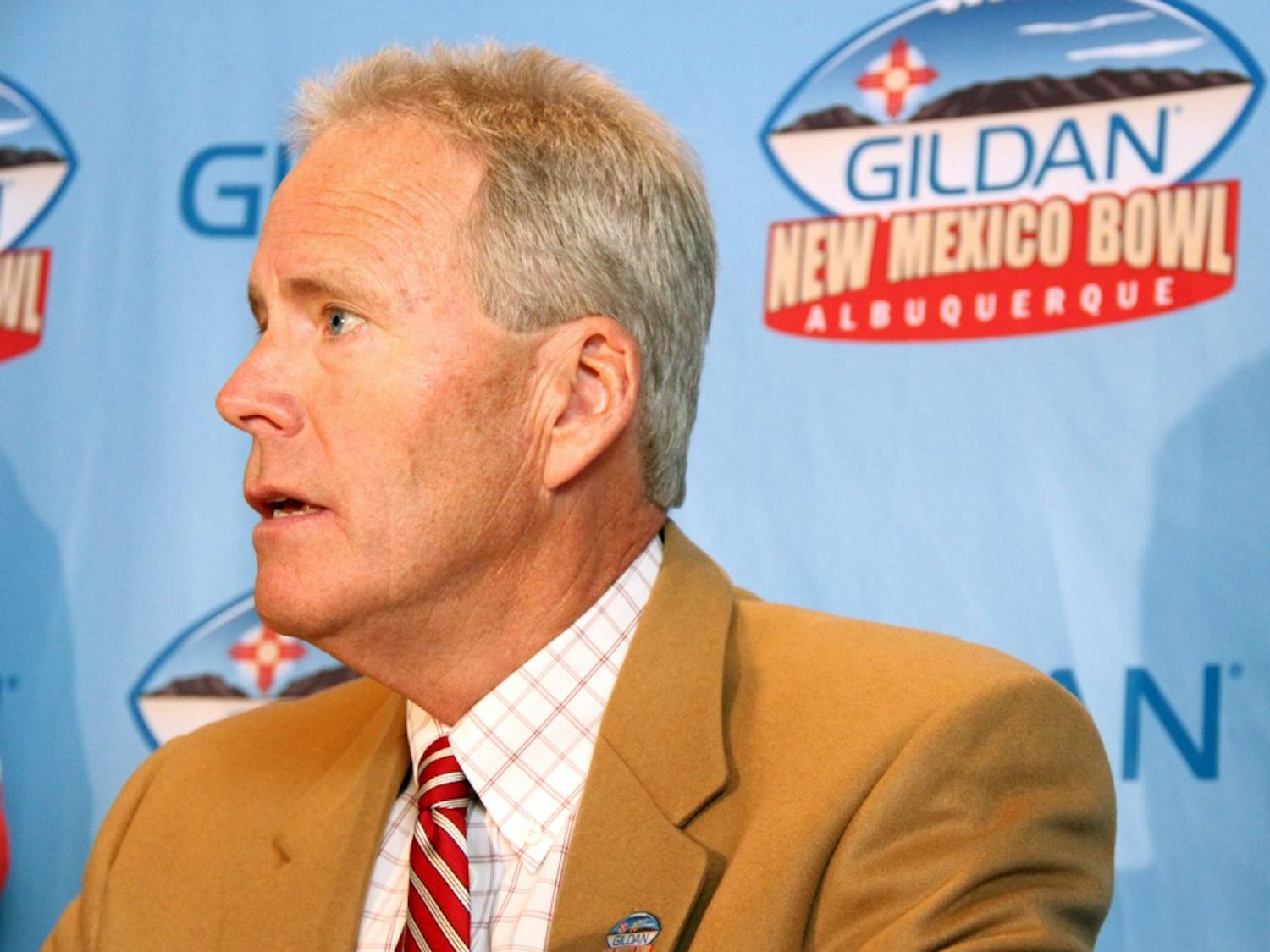 New Mexico head coach Bob Davie talks to the media at the Gildan New Mexico Bowl luncheon on Wednesday. The Lobos will face Arizona for the first time since 2008.&nbsp;
