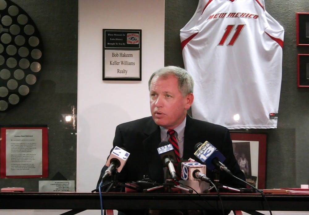UNM Athletics Director Paul Krebs talks about the NCAA allegations against the UNM football team during a news conference in the Pete McDavid Lounge on Wednesday.