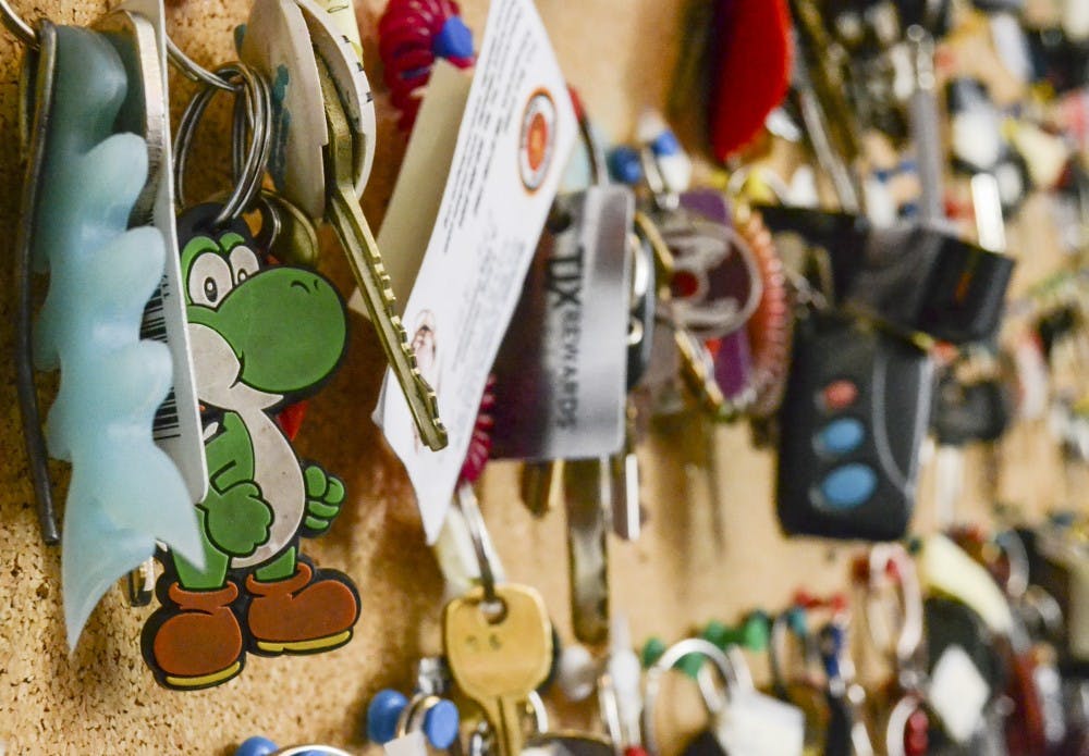 A wall full of keys hangs in the lost and found room at the University of New Mexico Police Department. The UNMPD office is located at 2500 Campus Blvd. NE and is open Monday through Friday from 8 a.m. to 5 p.m.