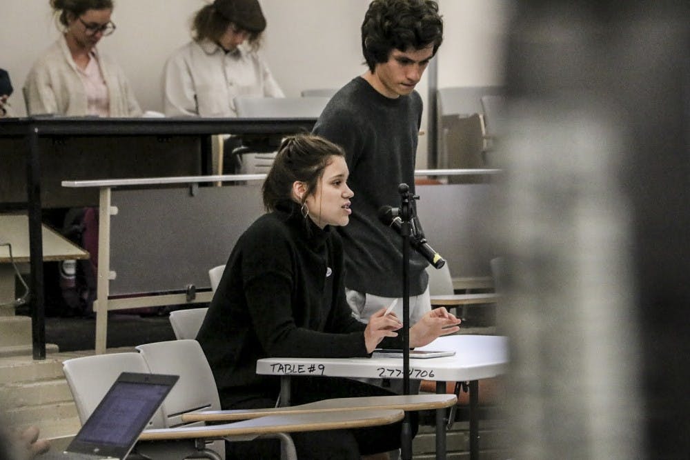 ASUNM President Becka Myers talks before the ASUNM senate at the Kiva Auditorium on Wednesday evening.