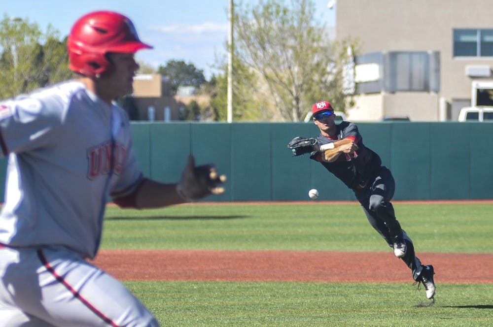 Lobos infielder Dalton Bowers throws to first for the out Saturday afternoon at Santa Ana Star Field. New Mexico beat UNLV 10-5 to move to 19-8 on the year and will go for the sweep on Sunday afternoon.&nbsp;