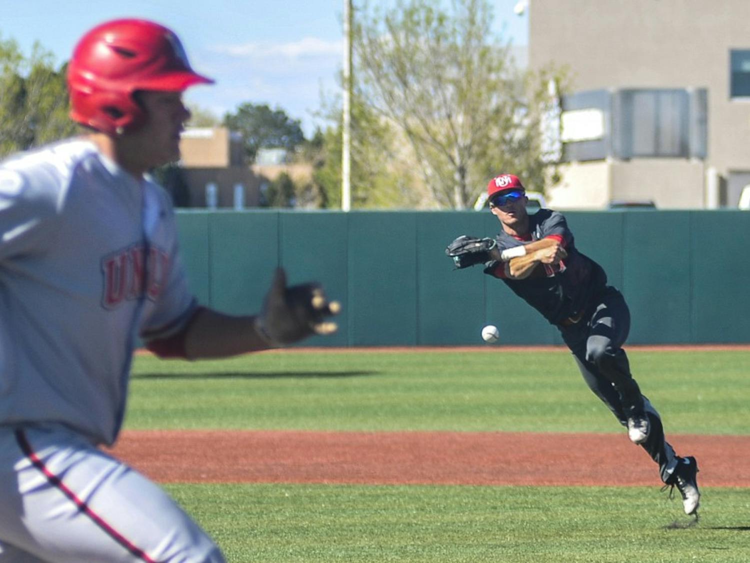 Lobos infielder Dalton Bowers throws to first for the out Saturday afternoon at Santa Ana Star Field. New Mexico beat UNLV 10-5 to move to 19-8 on the year and will go for the sweep on Sunday afternoon. 