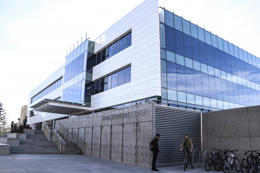Students talk outside of the recently completed Engineering Center on Jan. 31, 2018. &nbsp;