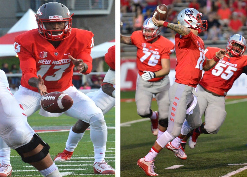 Right: Quarterback Austin Apodaca prepares to send a ball downfield during the Lobos' game against Tulsa at University Stadium on Sept. 12. Left: Quarterback Lamar Jordan receives a snap during the game against Hawaii on Oct. 17. Head coach Bob Davie said he will utilize both signal-callers in the remaining four games.&nbsp;