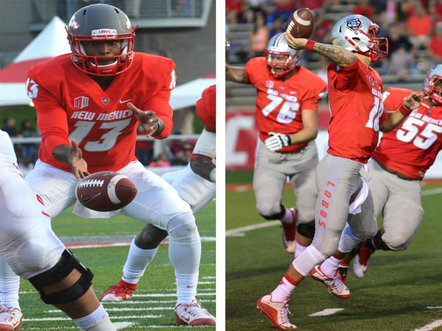 Right: Quarterback Austin Apodaca prepares to send a ball downfield during the Lobos' game against Tulsa at University Stadium on Sept. 12. Left: Quarterback Lamar Jordan receives a snap during the game against Hawaii on Oct. 17. Head coach Bob Davie said he will utilize both signal-callers in the remaining four games.&nbsp;