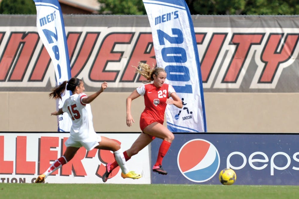 Midfielder Alyssa Coonrod rushes past a UNLV player on Oct. 4 at UNM’s Soccer Complex. The Lobos play at home against San Jose State on Oct. 16 and Fresno State on Oct. 18.
