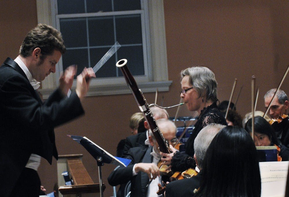 	NMSO Player’s Association conductor David Feldberg directs bassoon soloist Stefanie Przybylska during their Nov. 1 performance at Presbyterian Church.  